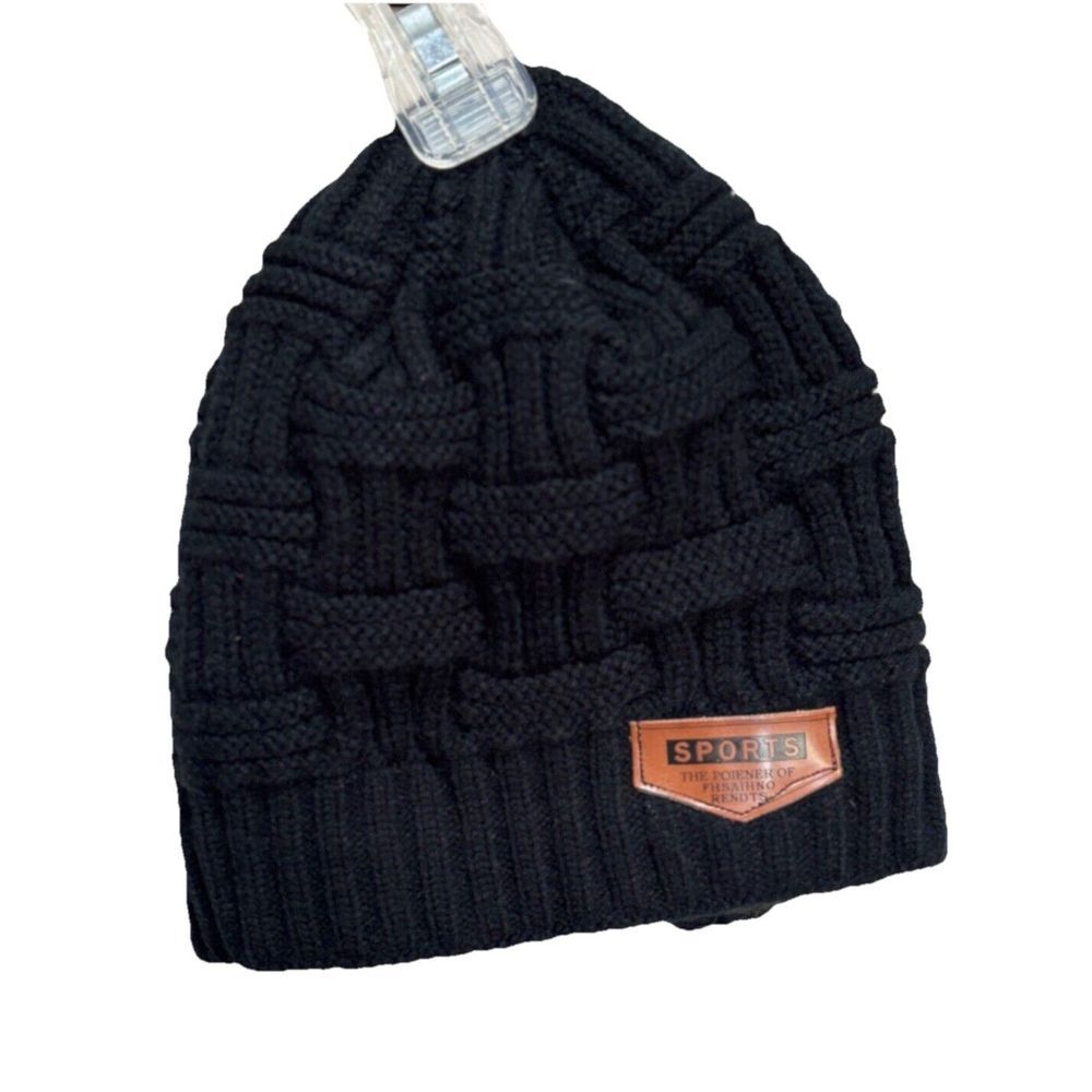 Sports Black Basketweave‎ Knit Beanie Sherpa Lined Logo Warm